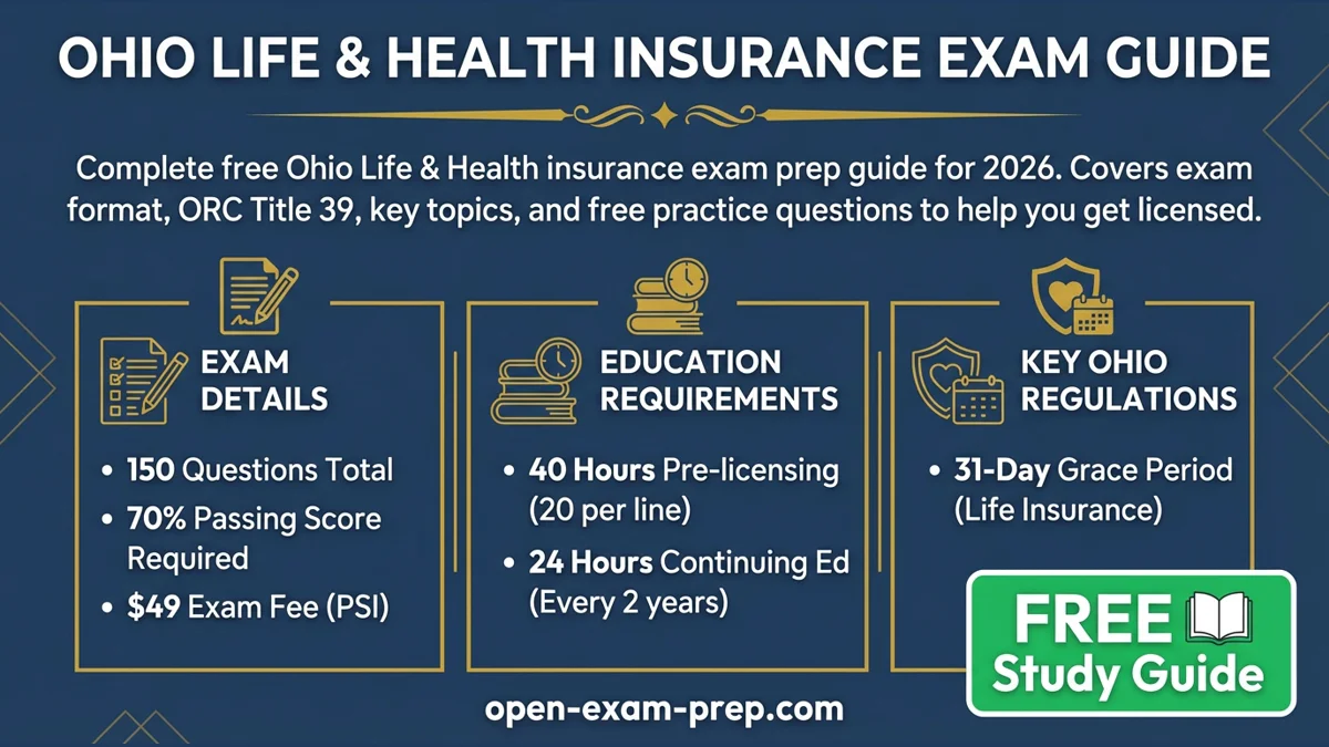 Ohio Life & Health 2026: 150 questions, 70% pass, $49 fee, 40 hours education